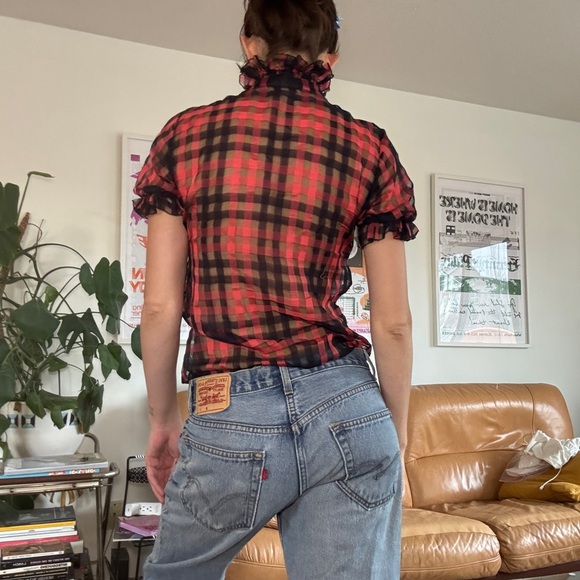 CHANEL (EU 34) SHEER BLOUSE PLAID GINGAM RUFFLE COLLAR - Picture 3 of 14